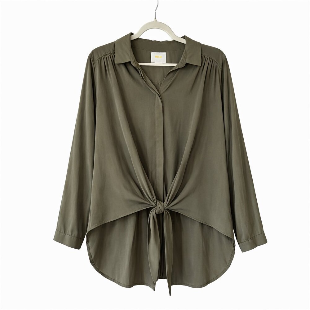 Anthropologie Maeve Olive Tencel Tie-Front Hi-Lo Tunic – Size L – EUC 🌿